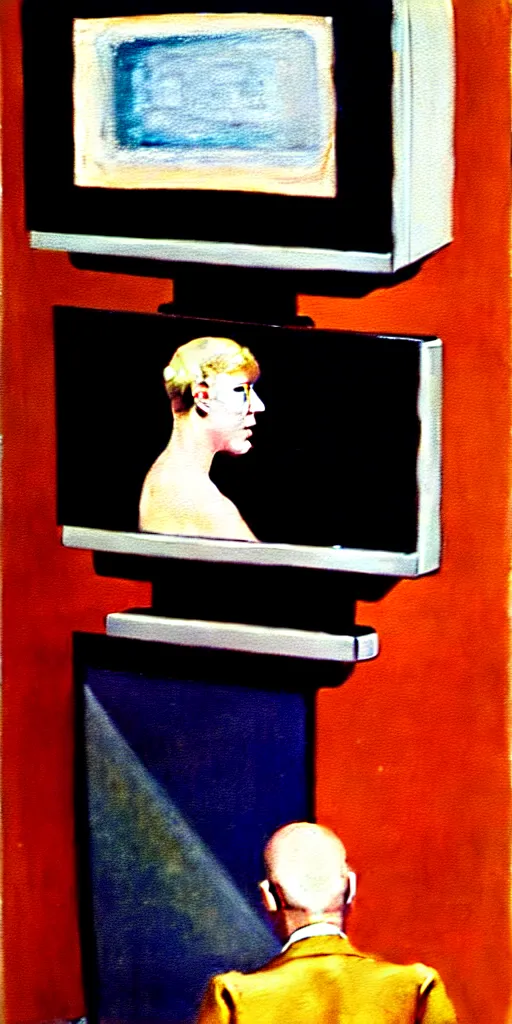 Image similar to edward hopper painting of a crt television broadcasting propaganda out of the screen, lots of people with no eyes. one normal person with eyes, a young man, frightened about what is going on around him s 1 5 0