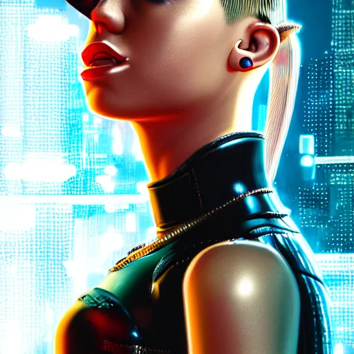 Image similar to miley cyrus portrait, Cyberpunk 2077, photorealistic, ultra detailed, cybernetic head, neon, octane, bokeh, cyber, cyber style, feature, scars, cyberface, 8k