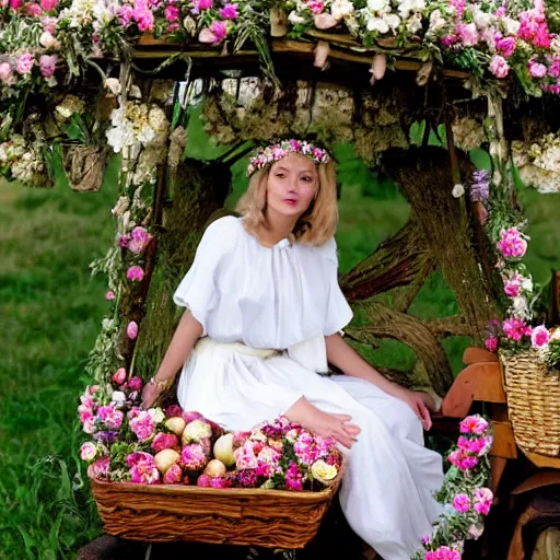 Prompt: a beautiful blonde woman dressed in a white christening gown and wearing a floral crown, sitting on the back of an apple cart surrounded flowers, at the festival of the wicker man in a small scottish village, photojournalism, photorealism, very realistic, in the style of midsommar, kodachrome