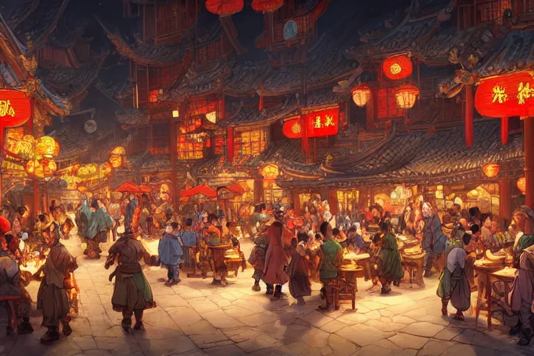 Prompt: fantasy art of a bustling tavern in china, at night, by jesper ejsing, highly detailed digital art, trending on artstation