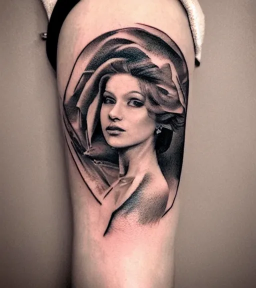 Prompt: tattoo design sketch of the most beautiful woman portrait faded with a background of beautiful mountains on her side, hyper - realistic, double exposure effect, in the style of den yakovlev, amazing detail, black and white, faded