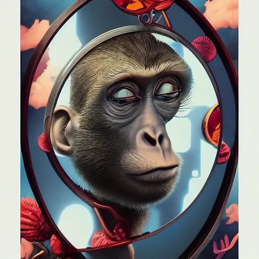 Image similar to lofi monkey in front of a mirror reflecting the expression of a human face, Pixar style by Tristan Eaton Stanley Artgerm and Tom Bagshaw, high detail