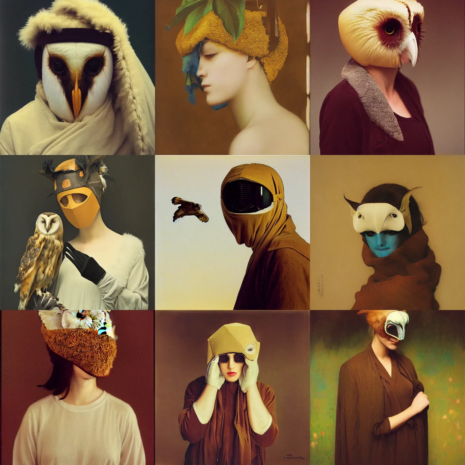 Prompt: kodak portra, 8 k, soft light, clean lines, fine art portrait photography, woman with barn owl face covering head fashion photography, wearing barn owl mask, maxfield parrish, moebius, james jean, yoji shinkawa, odilon redon, gaston bussiere, eugene grasset, janis rozentals