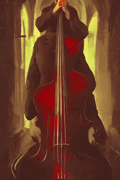 Image similar to an expressive portrait of agent 4 7 playing the cello in a monastery, dark background, red rim light, digital art, artstation, concept art by giger stalenhag