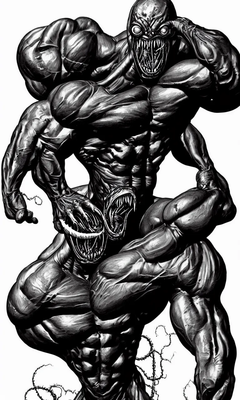 Image similar to legs and feets study of hyper realist full body long shot portrait of bodybuilder venom from marvel comics!!!!, large mouth with teeth, large tongue, lovecraftian horror!!, fantasy, intricate, elegant, highly detailed, digital painting, artstation, concept art, matte, sharp focus, illustration, art by glenn fabry and giger