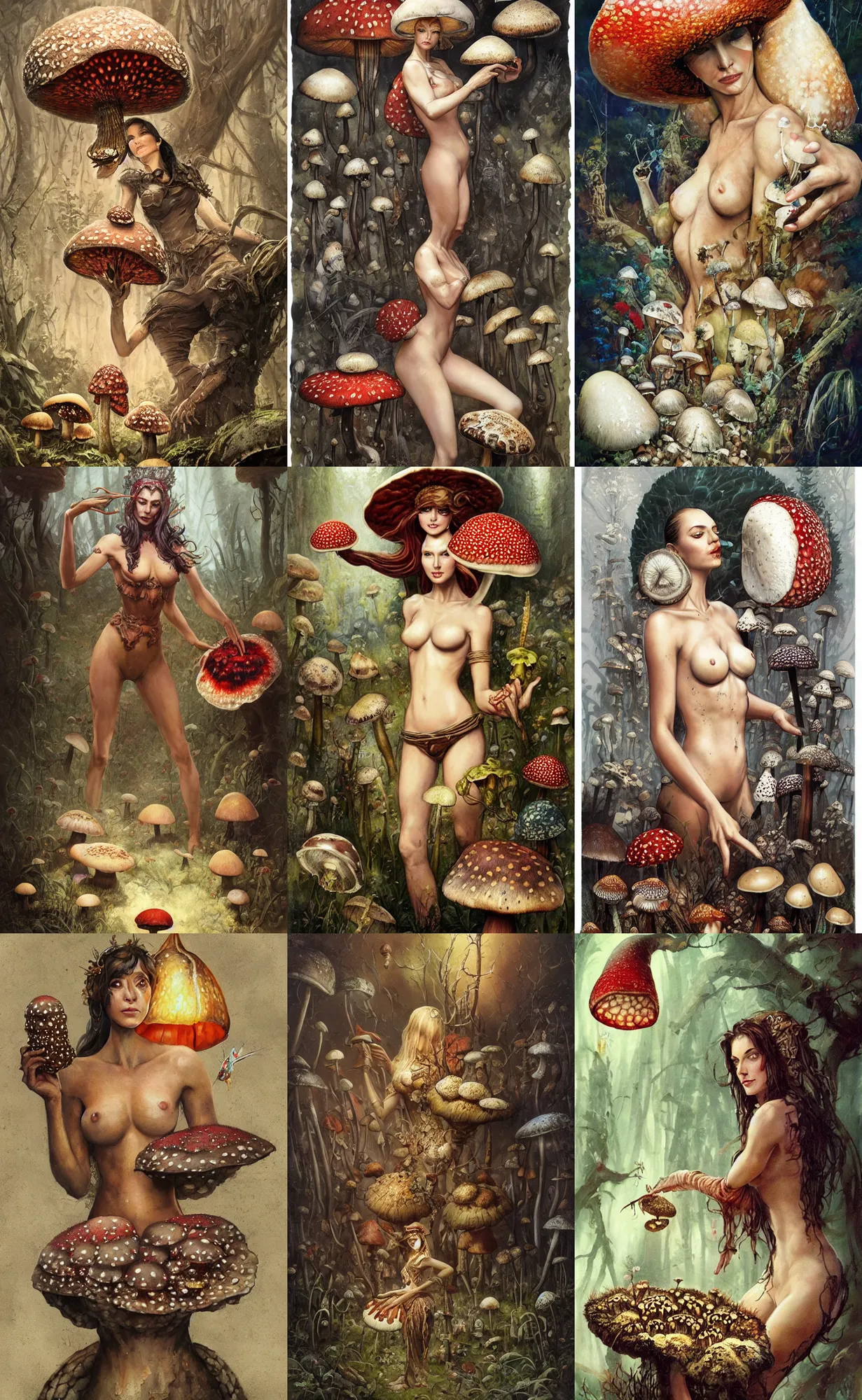 Prompt: A mixed media portrait painting of a beautiful mycologist woman tending her amanita muscaria mushrooms, detailed Aesthetic! face and eyes, slavic, by Frank Frazetta, Greg Rutkowski, Beeple, Boris Vallejo, Christian MacNevin, epic fantasy character art, high fantasy, CGsociety, full length, exquisite detail, post-processing, masterpiece, cinematic