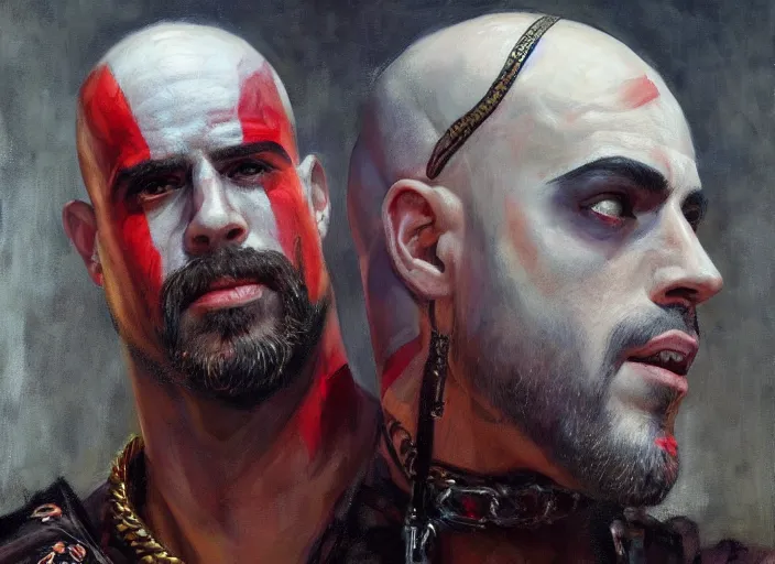 Prompt: a highly detailed beautiful portrait of bad bunny as kratos, by gregory manchess, james gurney, james jean