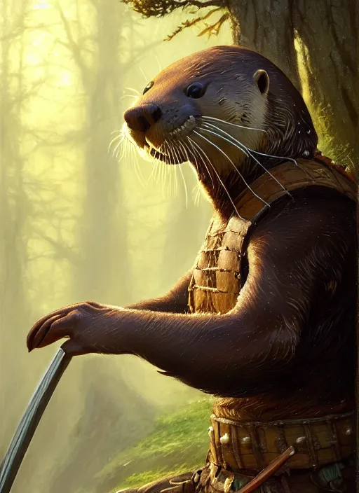 Prompt: a film still portrait of a otter warrior, finely detailed features, cinematic lighting, perfect art, brian jacques redwall woodland, forest, intricate, artstation, trending on pixiv fanbox, painted by brian jacques greg rutkowski, studio ghibli, fantasy, 4 k