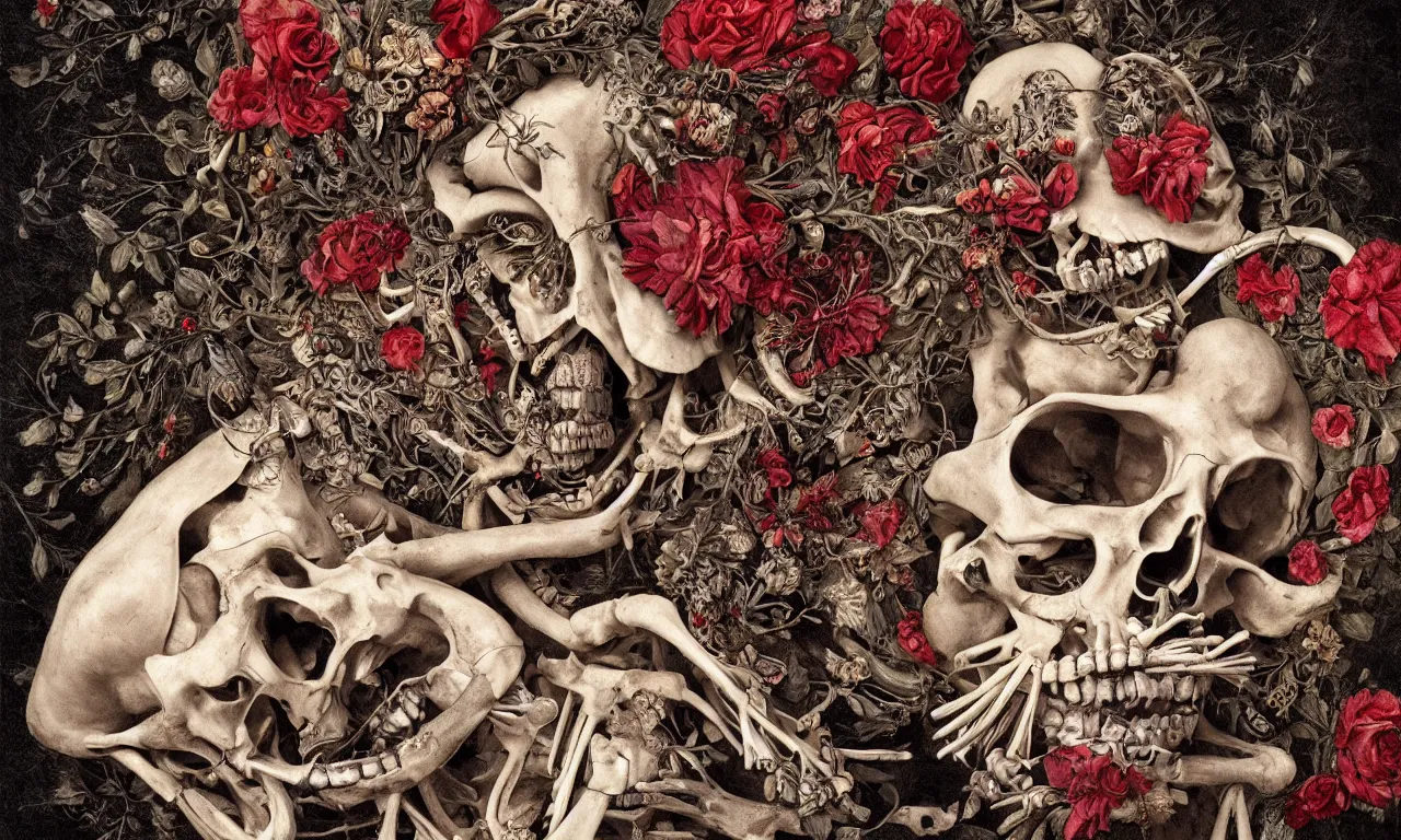 Image similar to anatomical man with large eyes and lips laying in bed of bones of flowers, an existential dread of love, HD Mixed media, highly detailed and intricate, surreal illustration in the style of Caravaggio, baroque dark art