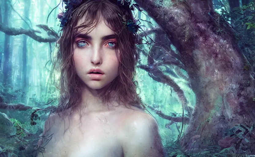 Image similar to a forest nymph in an ancient bioluminescent forest, ana de armas, flawless symmetrical pretty cute face, greg rutkowski, 8 k, shallow depth of field, intricate detail, concept art,