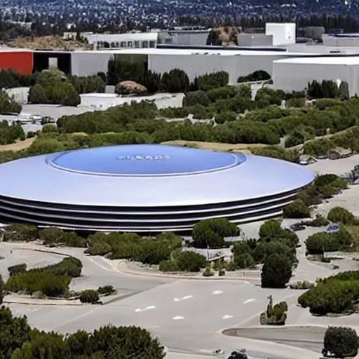 Prompt: an alien spacecraft landing in the parking lot at facebook headquarters to pick up mark zuckerberg