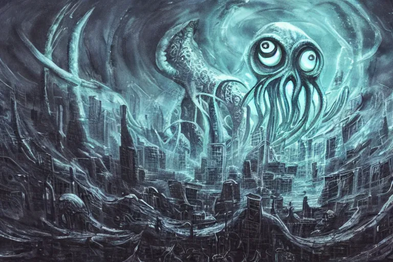 Image similar to man is seeing old god eldritch horror cthulhu terrifying the night sky of a modern city with tall buildings, he is coming from the ocean, epic scene, hyper detailed, gigantic cthulhu wallpaper, dark art, messy watercolor paint