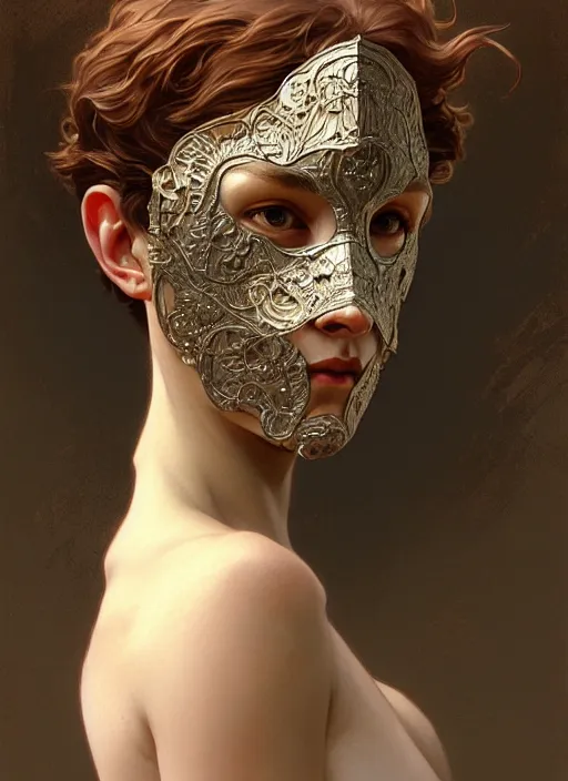 Image similar to floating thespian mask, face, detailed, intricate, elegant, highly detailed, digital painting, artstation, concept art, smooth, sharp focus, illustration, art by Krenz Cushart and Artem Demura and alphonse mucha