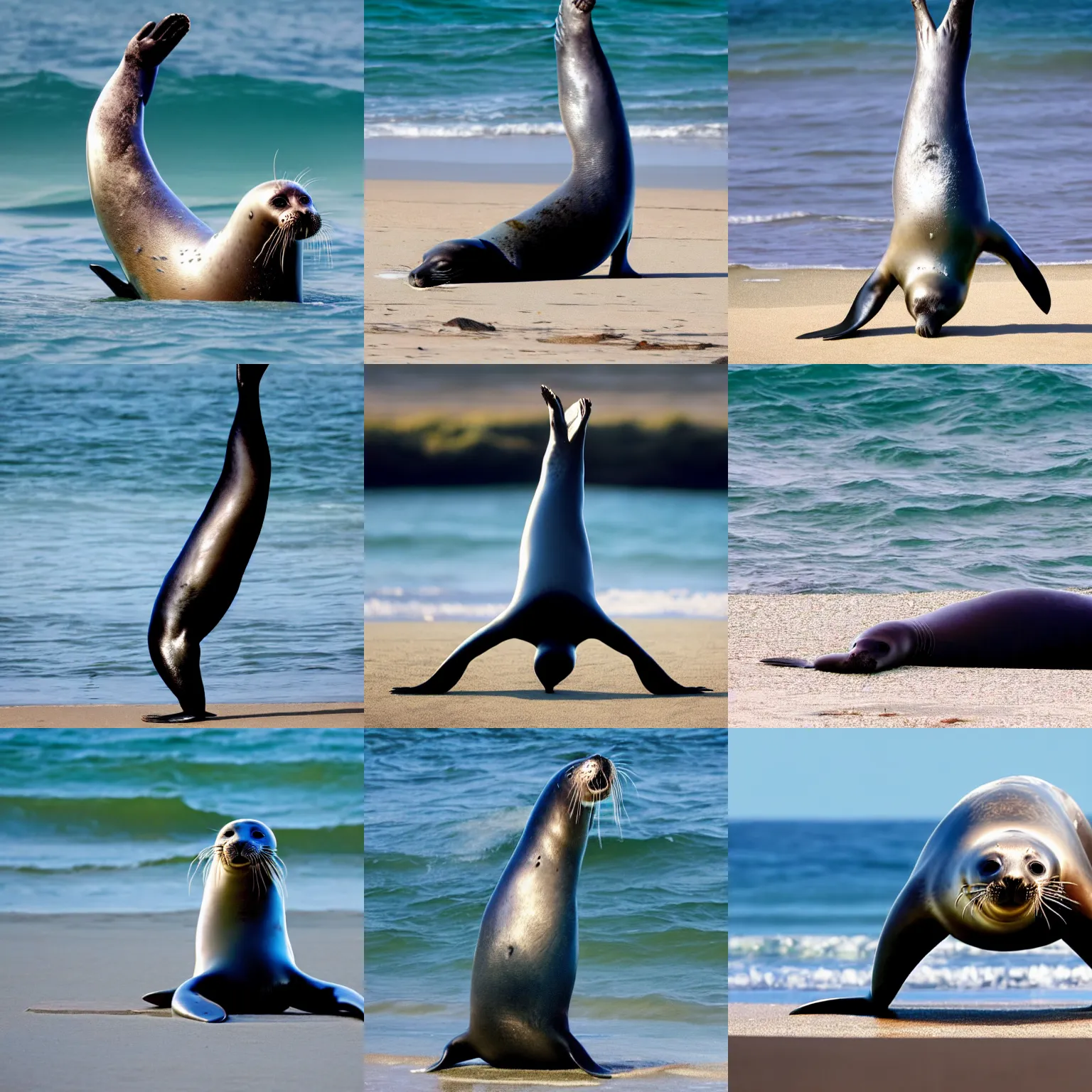 Prompt: a photograph, full body shot of seal doing headstand