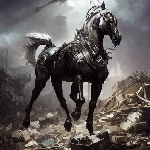 Prompt: splash art of a muscular black - coated anthropomorphic horse character wearing tactical kevlar fabric standing in rubble, long white mane visible, exaggerated muscles, highly detailed, furry, furaffinity, digital painting, artstation, sharp focus, illustration, art by artgerm, greg rutkowski, alphonse mucha