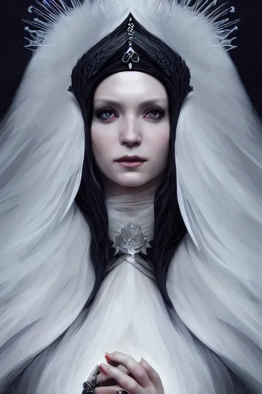 Image similar to a portrait of white witch queen with raven, fantasy, sharp focus, intricate, elegant, digital painting, artstation, matte, highly detailed, concept art, illustration, ambient lighting, art by ilya kuvshinov, artgerm, jingna zhang, and greg rutkowski