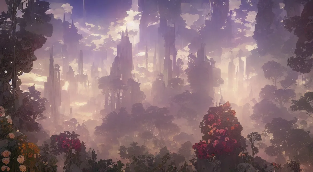 Prompt: A beautiful landscape painting of the future by Alfons Maria Mucha and Julie Dillon and Makoto Shinkai, with flowers and trees, skyscrapers and futuristic buildings
