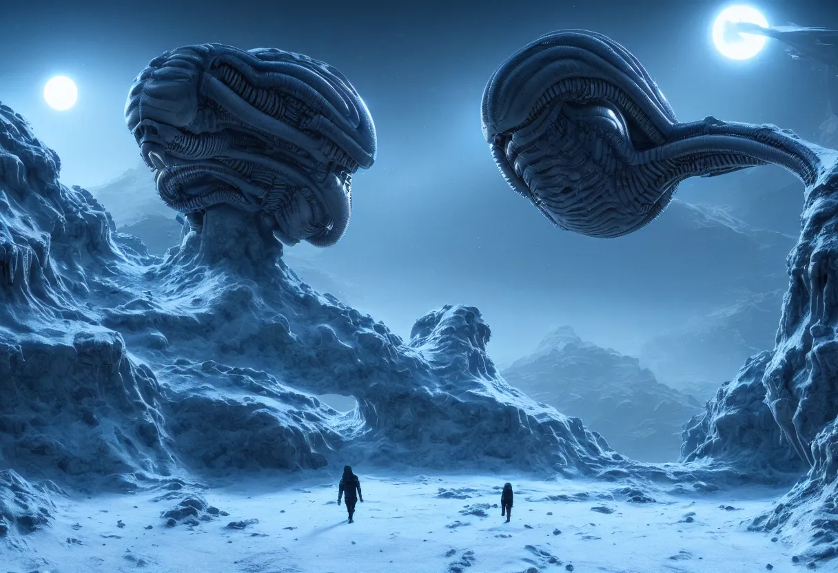 Image similar to alien winter landscape of human mind and imagination, matte painting, beautiful render, octane render, concept art