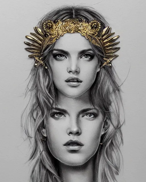 Image similar to front view of beautiful aphrodite greek goddess wearing a gold laurel wreath and triangle earrings, realism tattoo sketch, beautiful piercing eyes with sharp pupils, beautiful blonde hair, in the style of greg rutkowski, fantasy, amazing detail, epic, elegant, smooth, sharp focus