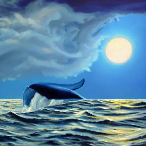 Image similar to a blue whale jumping in a storm in the ocean, full moon, blue light, oil painting