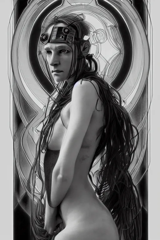 Image similar to hyperrealist pencil sketch of a cyberpunk woman david malan and alphonse mucha, fantasy art, drawing, dynamic lighting, artstation, poster, volumetric lighting, very detailed faces, 4 k, award winning