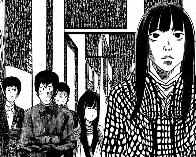 Prompt: A portrait of an asian guy by Junji Ito, depth of field