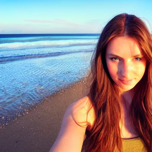 Image similar to Selfie photographCute young woman, long shiny bronze brown hair, green eyes, cute freckles, soft smile, golden hour, beach setting, medium shot, mid-shot, instagram