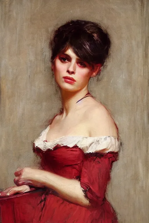 Image similar to Solomon Joseph Solomon and Richard Schmid and Jeremy Lipking victorian genre painting full length portrait painting of a young beautiful woman traditional german french Brigitte Bardot barmaid in fantasy costume, red background