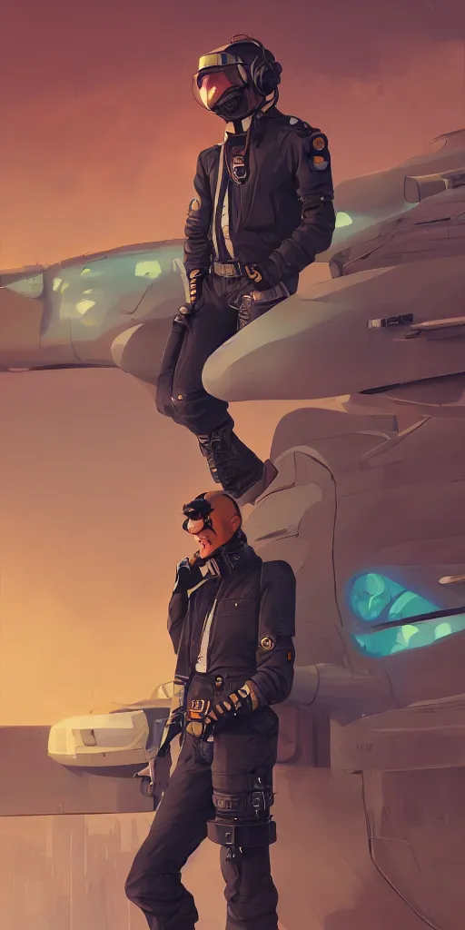 Prompt: wide view, diesel punk retro - futurist pilot, wearing a cyberpunk leather pilots uniform, transparent, behance hd artstation, by jesper ejsing by rhads, makoto shinkai and lois van baarle, ilya kuvshinov, rossdraws, cinematic lighting, sharp focus