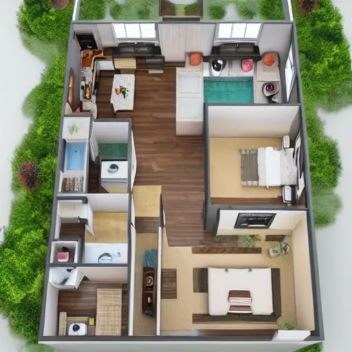 Prompt: your most brilliant layout of a small house, floor plan, floorplan