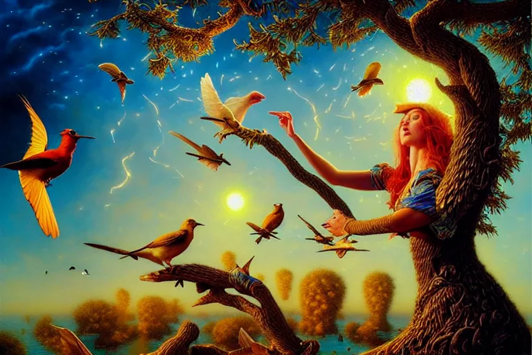 Prompt: oil painting, female playing the harph while birds are listening on the tree surreal, ultra realistic, wide angle, intricate details, artifacts, luminous skies, highly detailed, michael cheval, peter mohrbacher, boris vallejo, jessica rossier, oil painting, highly detailed, cinematic lighting