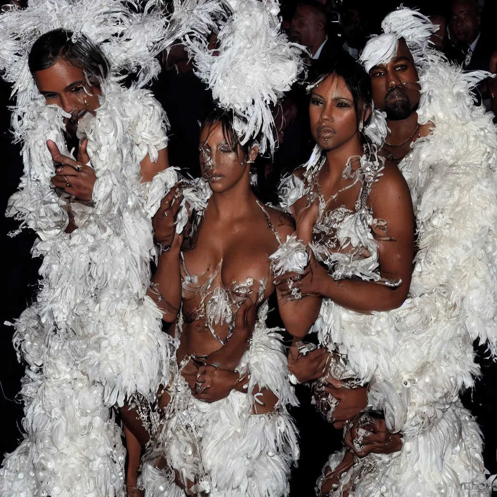 Prompt: kanye west and lil naz x making various facial expressions _ with _ a _ decorated _ dress _ made _ of _ white _ pearls _ and _ white _ plumes _ of _ swan _ highly _ detailed _ digital _ painting