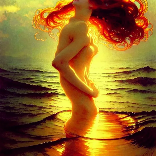 Image similar to ocean waves of glossy liquid honey drops flowing like translucent amber, lsd waves, lsd ripples, backlit, sunset, refracted lighting, art by collier, albert aublet, krenz cushart, artem demura, alphonse mucha