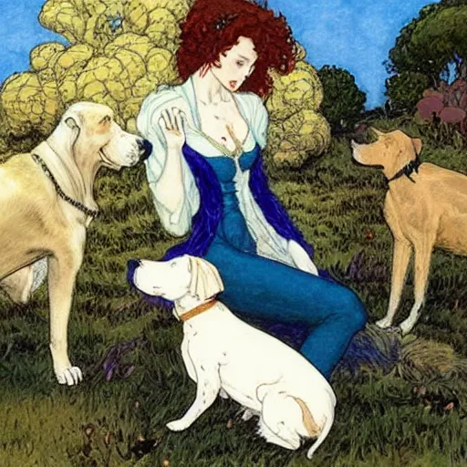 Image similar to pretty girl with curly blonde hair pets a white pitbull sitting next to her, painting by rebecca guay