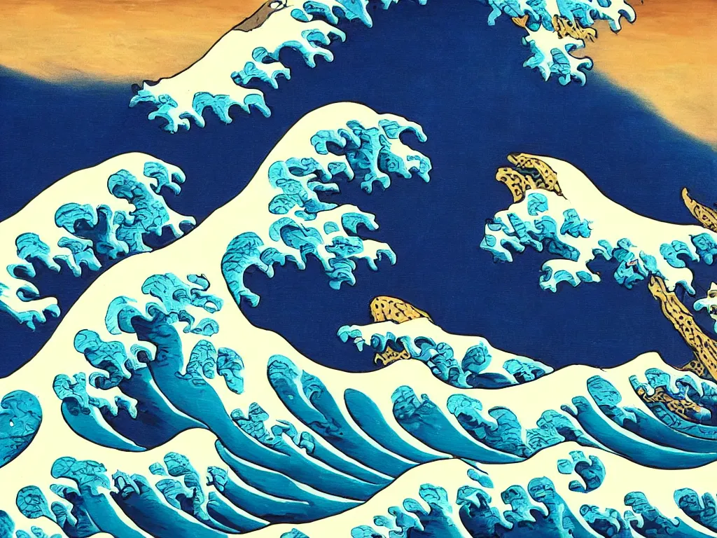 Prompt: an oil painting of the great wave off kanagawa in the style of salvador dali
