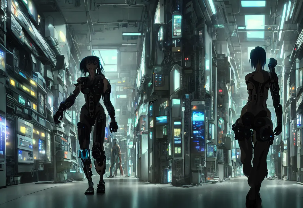 Image similar to shot of film by cyberpunk syle cyborg walking in server room in datacenter, character design, very detailed cinematic, anime, by yoichi hatakenaka, by masamune shirow, by josan gonzales, digital art, octane render 8 k, beautiful composition, trending on artstation, award - winning photograph, masterpiece