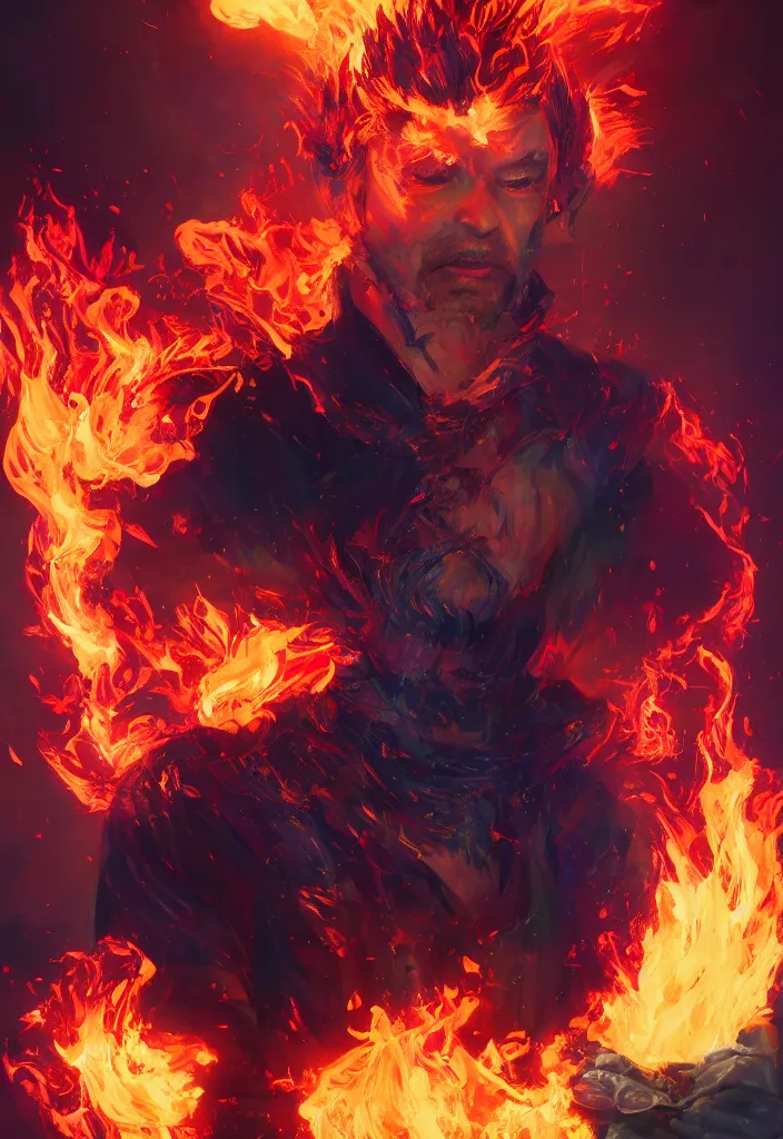 Image similar to a fancy protrait of a very mad mage engulfed in colorful flames by greg rutkowski, sung choi, mitchell mohrhauser, maciej kuciara, johnson ting, maxim verehin, peter konig, 8 k photorealistic, cinematic lighting, hd, high details,