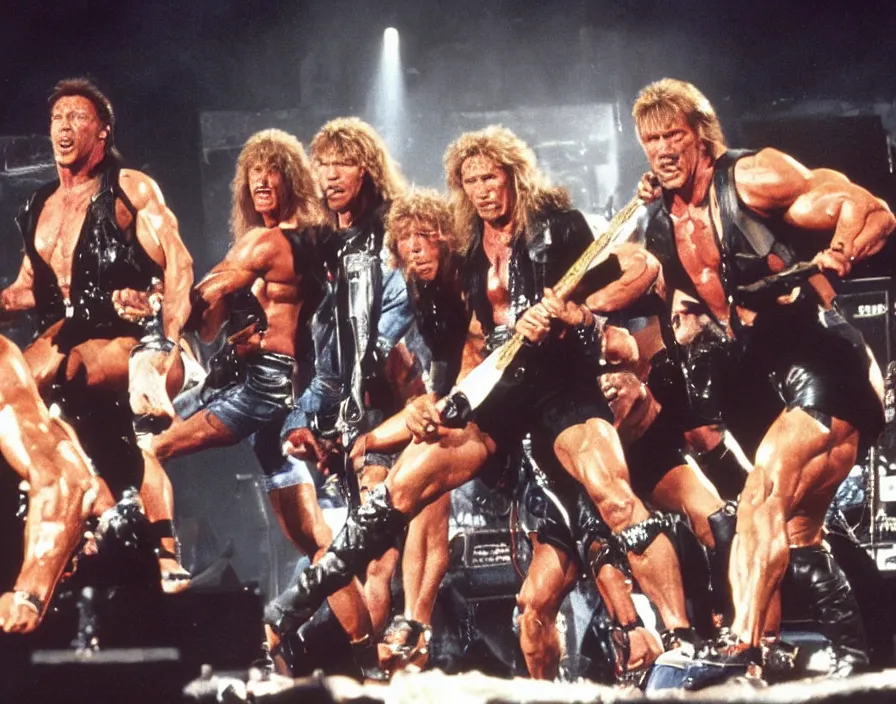 Image similar to colour photo off arnold schwarzenegger, sylvester stallone, dolph lundgren, Chuck Norris and Jean-Claude Van Damme in a heavy metal band, playing guitars, drums, on stage at monsters of rock 1985, pyrotechnics, vivid colors, daylight, photo real, Eastman EXR 50D 5245/7245, close-up action first-person perspective