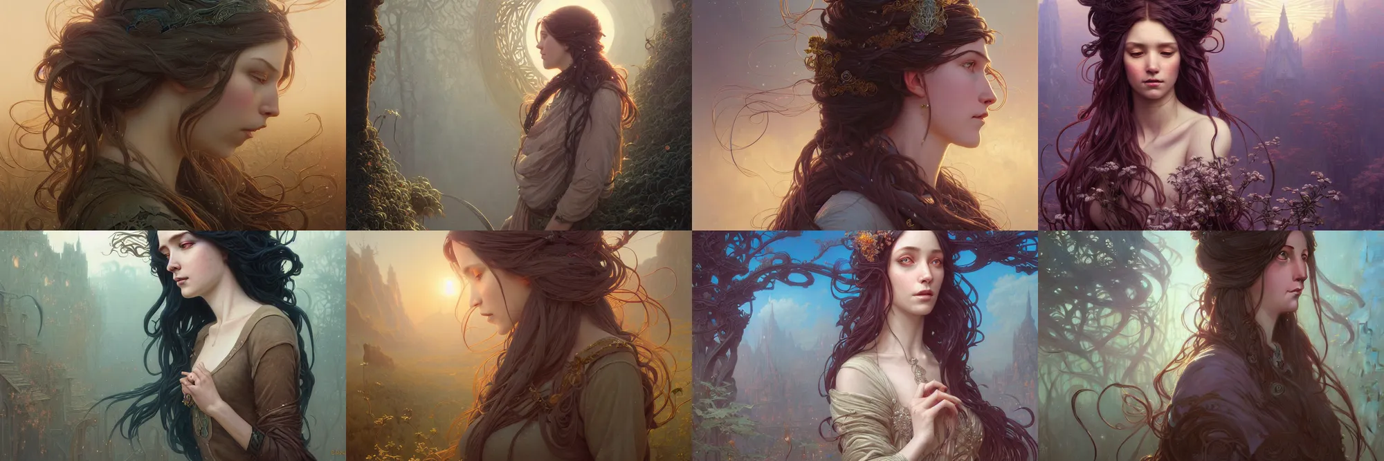 Image similar to highly detailed portrait of a woman with long hairs, stephen bliss, unreal engine, fantasy art by greg rutkowski, art nouveau, loish, rhads, ferdinand knab, makoto shinkai and lois van baarle, ilya kuvshinov, rossdraws, tom bagshaw, alphonse mucha, global illumination, radiant light, detailed and intricate environment