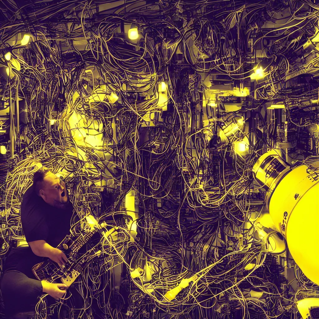 Prompt: a fat man with curly bass playing eletric bass, in photographic quality, cyberpunk style, yellow lamps attached by cables hang from the ceiling