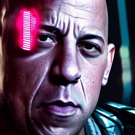 Image similar to vin diesel portrait, cyberpunk 2 0 7 7, cyberpunk jackie welles, photorealistic, ultra detailed, neon, octane, bokeh, cinematic lighting, cyber, cyberpunk city, studio quality, feature, scars, cyberface, 8 k