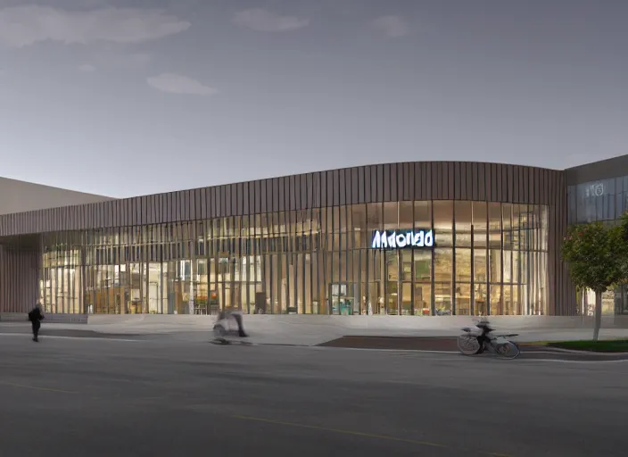 Prompt: mcdonalds headquarters exterior designed by gensler, fosters, photorealistic octane render 8 k, 2 8 mm