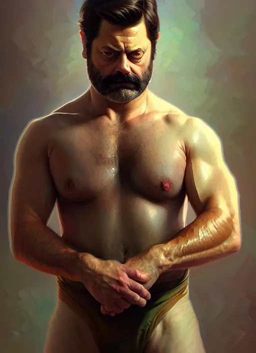 Prompt: portrait of nick offerman, intricate, elegant, muscular! highly detailed, digital painting, artstation, concept art, smooth, sharp focus, illustration, art by artgerm and greg rutkowski and alphonse mucha