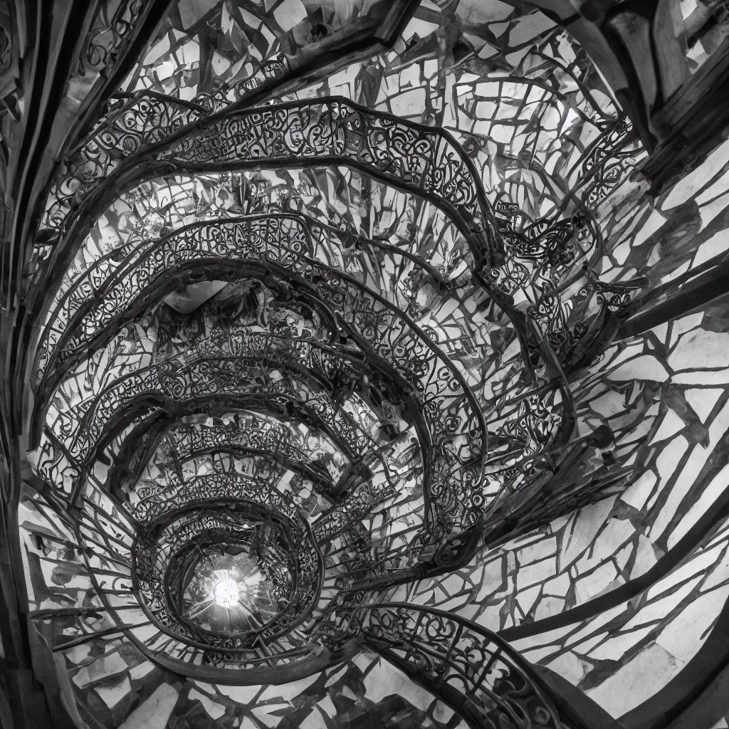 Image similar to grand spiral staircase going down deep in a dark hole, baroque, by etienne - louis boullee and gaudi, dramatic volumetric cinematic light, chiaroscuro, leica, high quality, high detailed