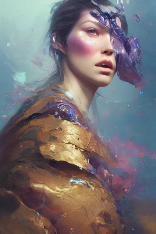 Image similar to face closeup of beautiful girl in intricate detailed color smashing fluid oilpaint, 3 d render, hyper realistic detailed portrait, color leaves, ruan jia, wlop. scifi, fantasy, hyper detailed, octane render, concept art, by peter mohrbacher, by wlop, by ruan jia