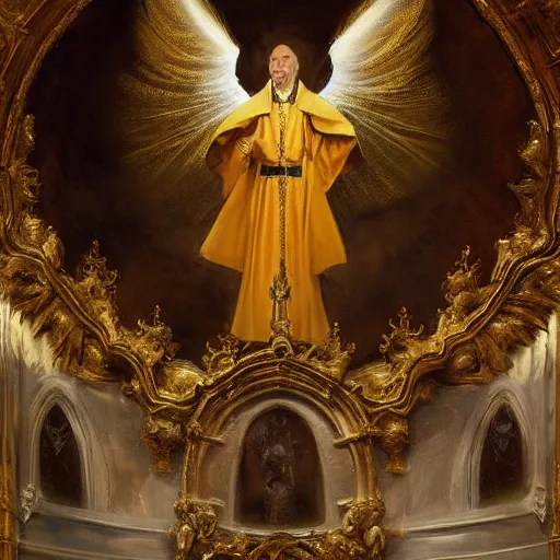 Prompt: ornate painting of a Catholic Priest in flowing golden vestments elevating the host over the alter, a portal to the sky opening behind him as a host of angels descend upon the pews, by Jeremy Mann and Jason Jenicke, detailed, realistic, loose brush strokes, intricate, beautiful, stylized, dramatic, incredible, sense of scale