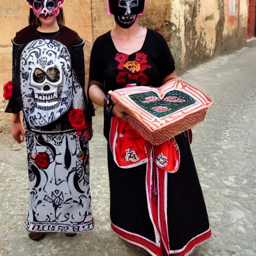 Prompt: women wearing la muerte mask and sardinian traditional female dress