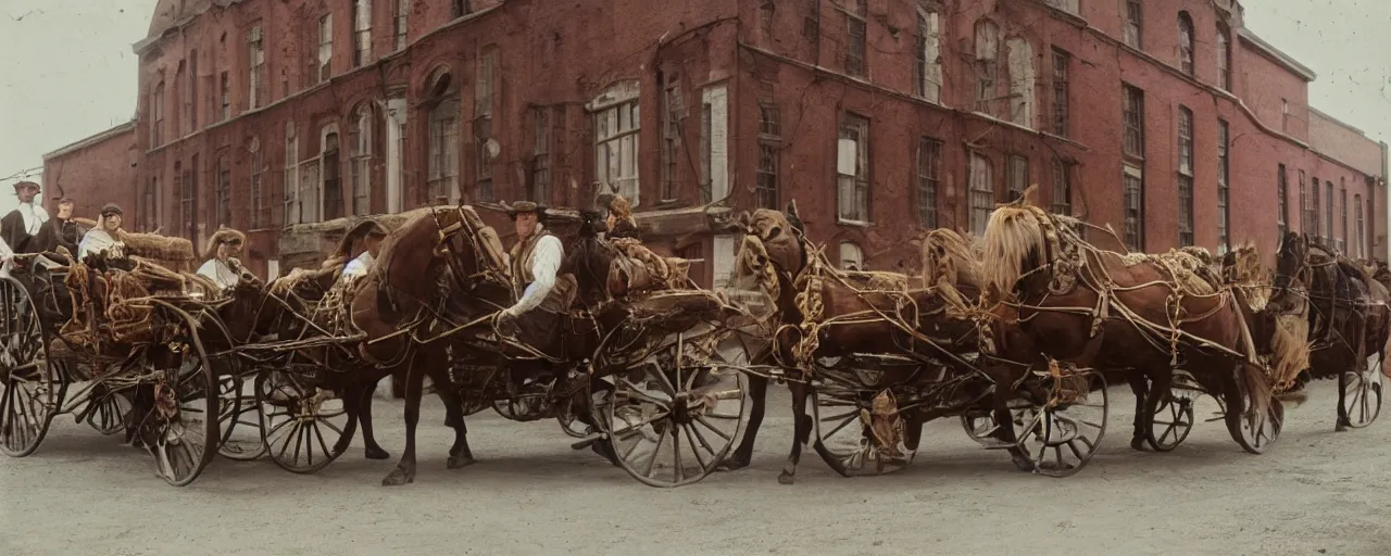 Image similar to 1 8 0 0 s horse drawn carriage carrying spaghetti to a factory building, daguerreotype, ultra - realistic faces, fine detail, anon 5 0 mm, wes anderson, kodachrome, retro