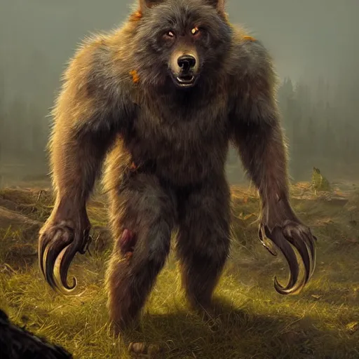 Prompt: cute handsome cuddly werewolf from van helsing using a stone axe unreal engine hyperreallistic render 8k character concept art masterpiece digital art by Greg Rutkowski, Simon Stalenhag, trending on Artstation, CGSociety