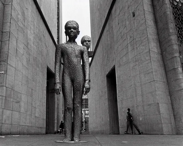 Prompt: by bruce davidson, andrew boog, mystical photography evocative. an intricate fractal concrete and chrome brutalist carved sculpture of the secret faces of god, standing in a city center.